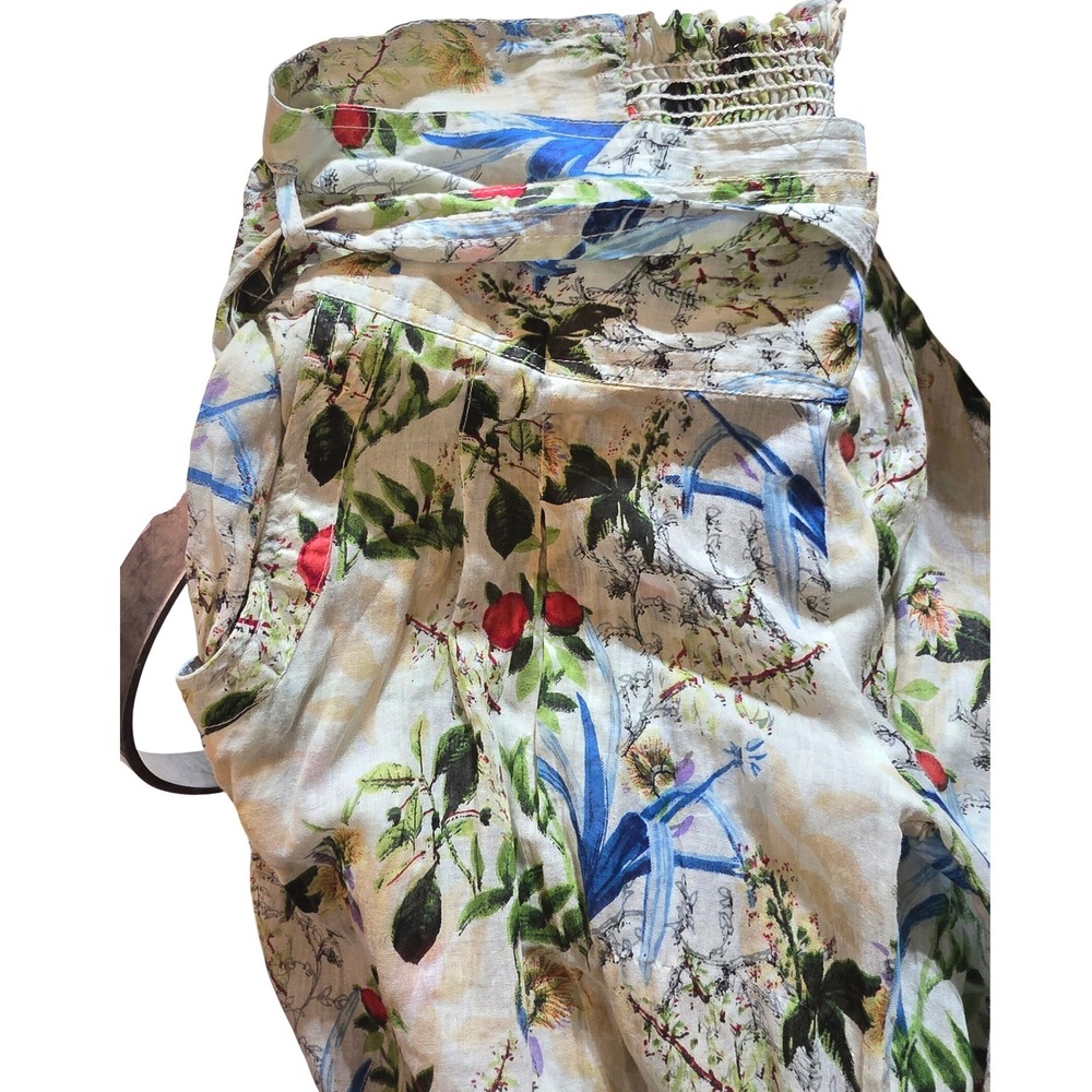 Cotton Daisy White Floral Print Boho Harem Pants Smocked Waist Tie Belt - Picture 9 of 9